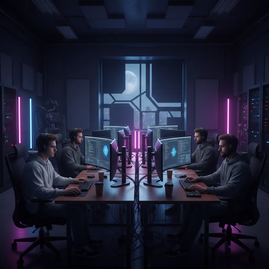 Developers at workstations in a dark studio